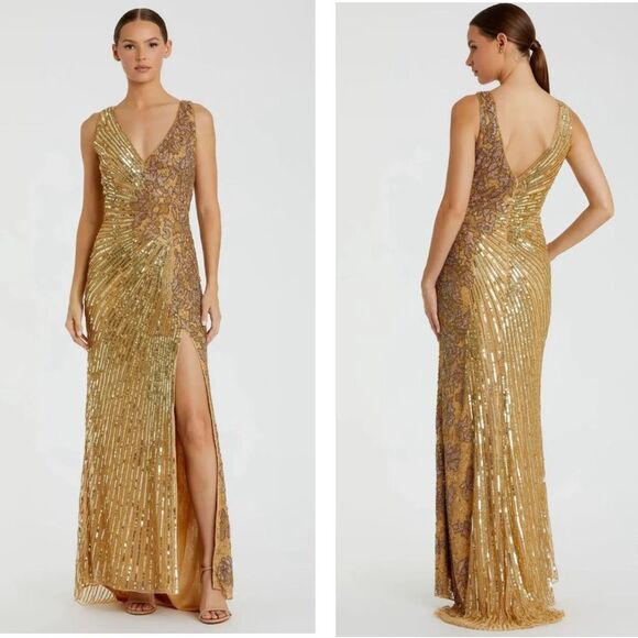 Mac Duggal NWT Elegant Gold Sequin Stunning Evening Goddess Formal Gown Size 2 - Picture 1 of 16